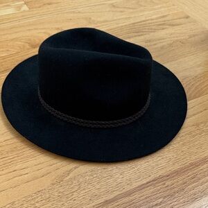 Classic Black Wool Fedora Hat with Brown Leather Braiding